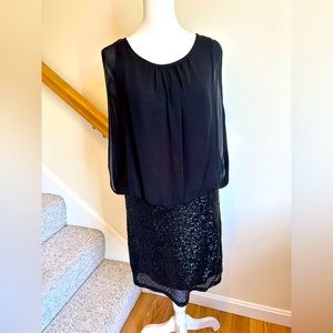 Miss Me Couture black dress, sleeveless, sequins skirt and gauzy sheer overlay.